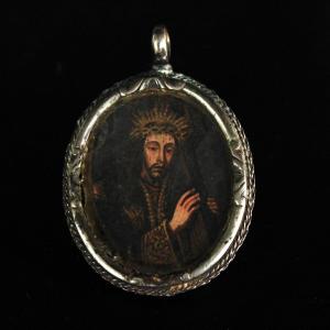 Double Reliquaire Espagnol En Argent Vierge Marie Et Peintures De La Passion Du Christ 17ème Si