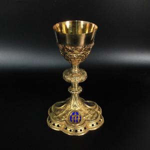 Antique Enameled Gothic Chalice Sterling Vermeil Silver Minerva Head France 19th