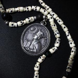 Antique Rosary Medal St. Ignatius Loyola Silver & Bone Religious 18th Cent