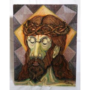Rare Peinture Psychédélique De Jésus-christ Des Années 1970 - A. Zore - Acrylique Sur Panneau D