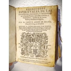 1662 Antique Theology Book Exercicios Espirituales, Vellum Cover, Spanish