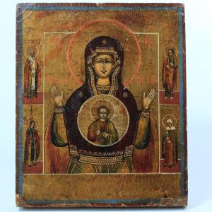 ?our Lady Of The Sign” Holy Icon Painting, Tempera, Russia, Year 1800 + 4 Saints