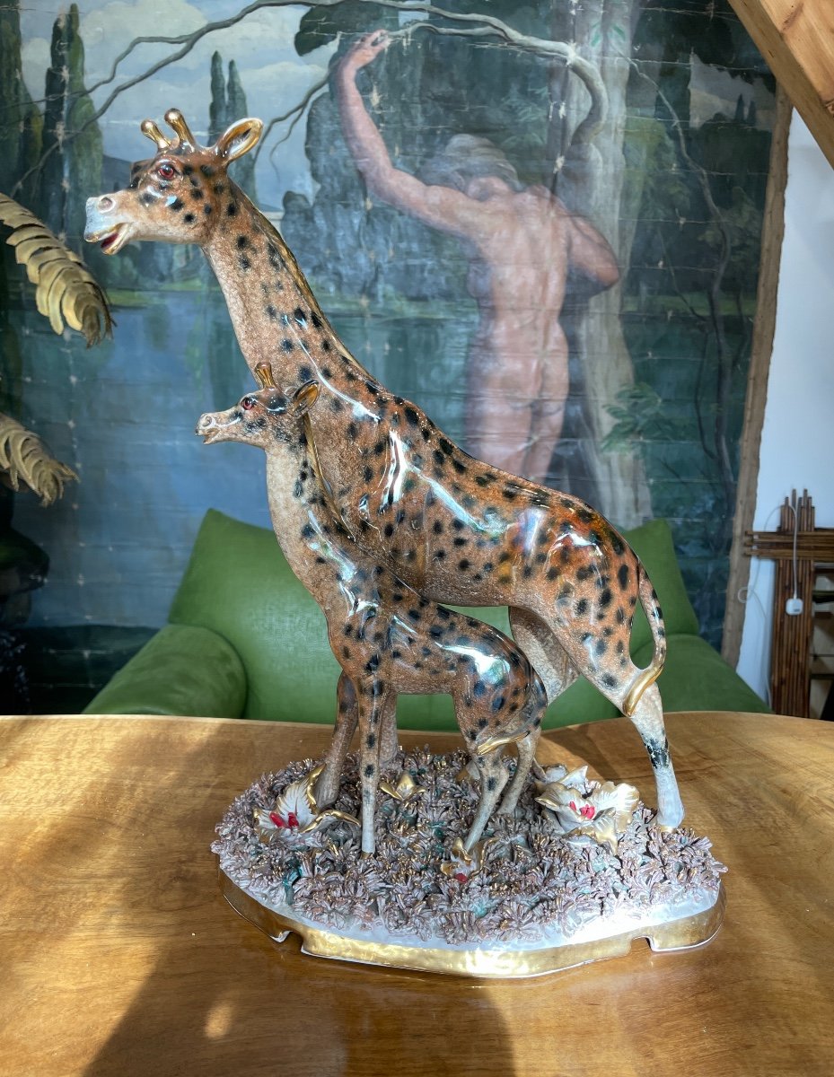 Mica (manifattura Italiana Ceramica Artistica) - Girafe Et Girafon En Faïence Lustrée. -photo-1