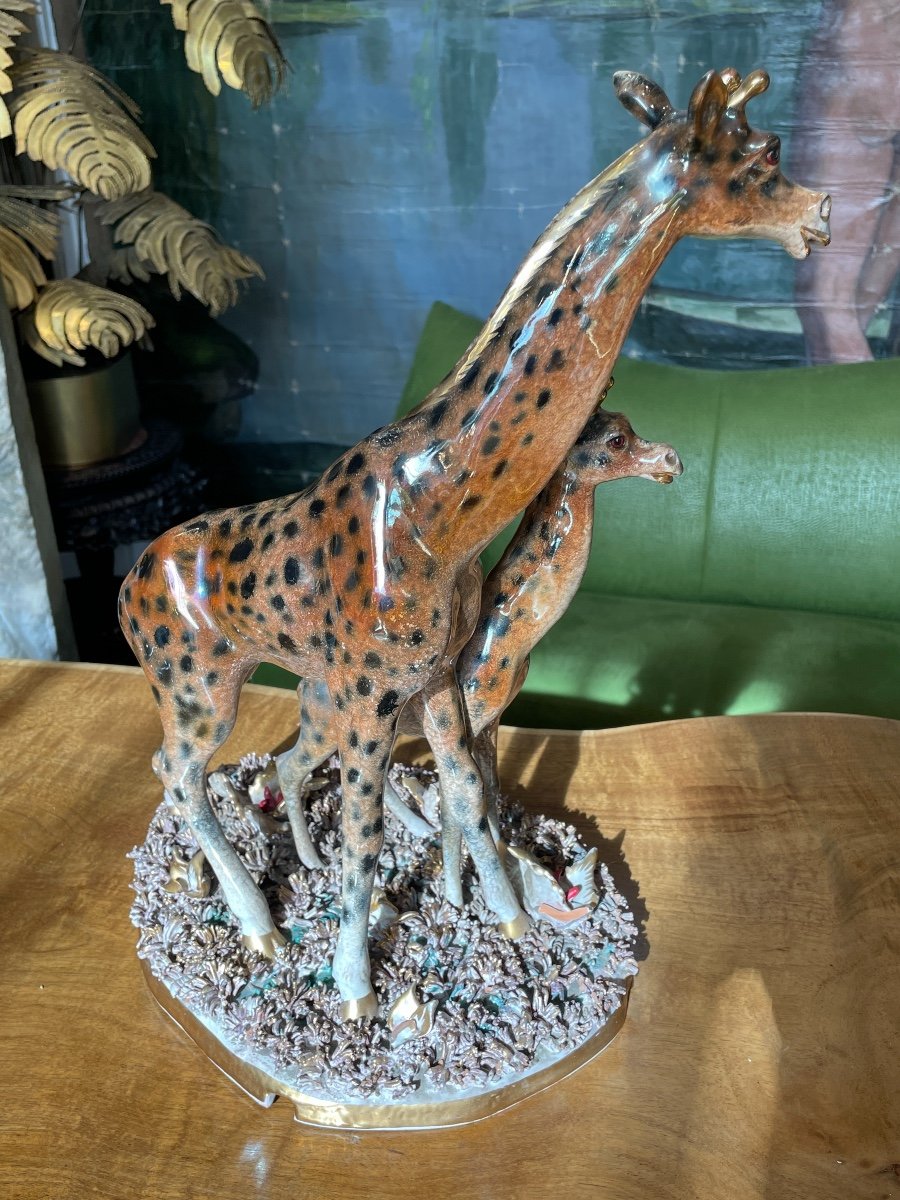 Mica (manifattura Italiana Ceramica Artistica) - Girafe Et Girafon En Faïence Lustrée. -photo-7