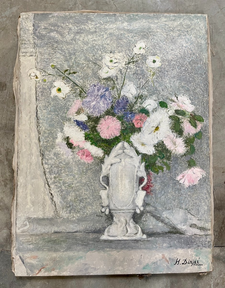 Henri Déziré - Bouquet Of Flowers In A Vase Decorated With Oak Leaves.-photo-2