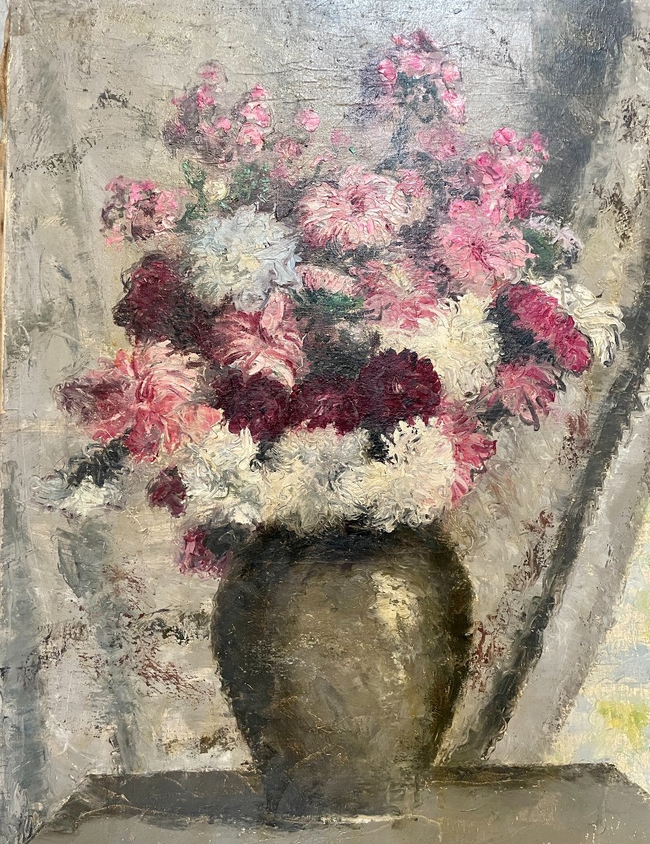 Henri Déziré - Vase De Fleurs Roses Et Blanches. -photo-2