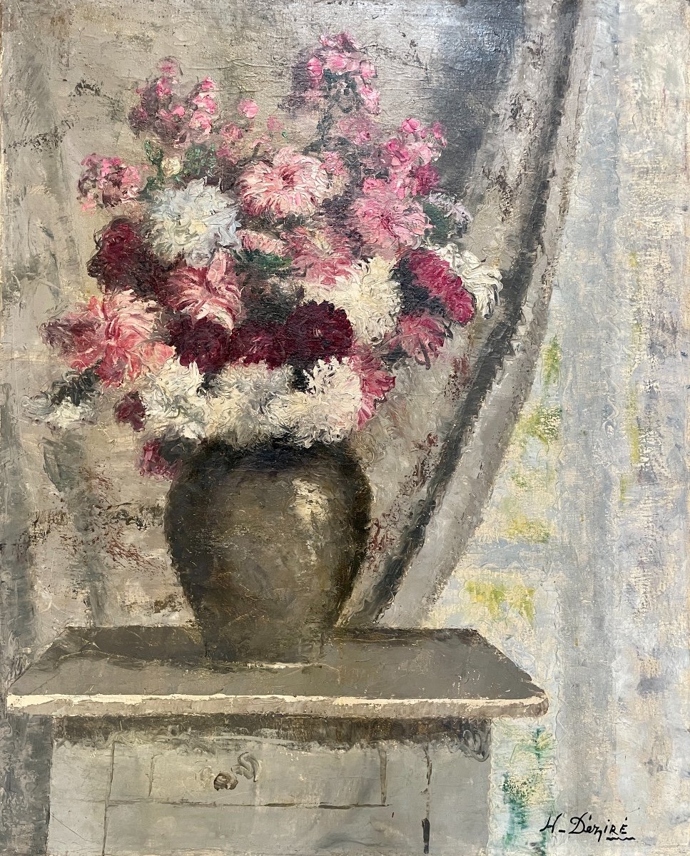 Henri Déziré - Vase De Fleurs Roses Et Blanches. 