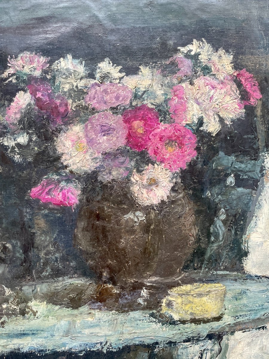 Henry Déziré - Still Life With A Vase Of Flowers And A Candlestick.-photo-2