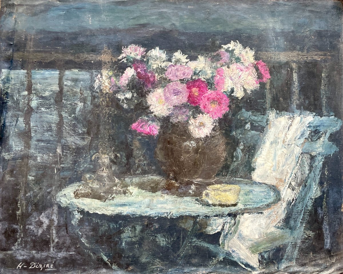 Henry Déziré - Nature Morte Au Vase De Fleurs Et Au Bougeoir. 