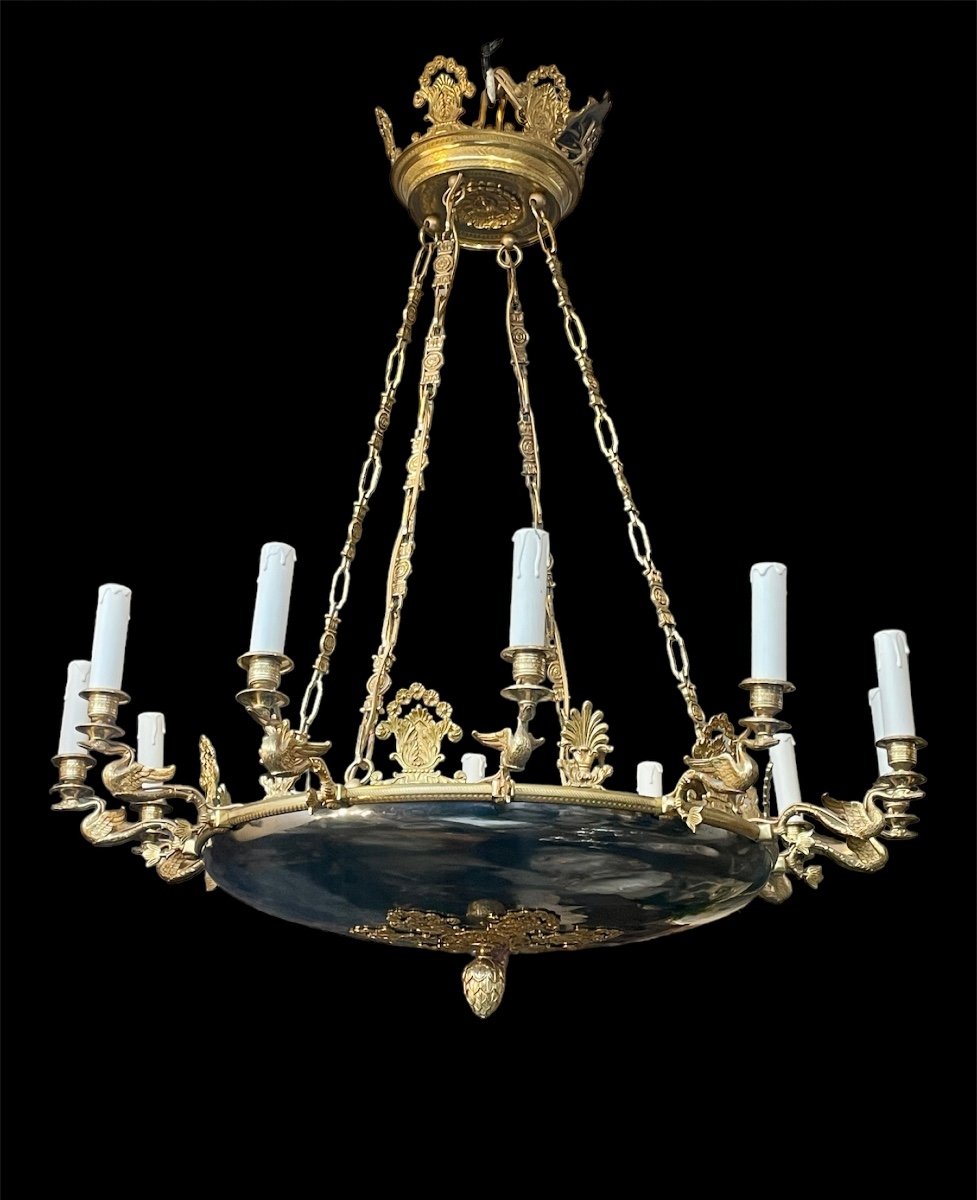 Important Empire Style Chandelier In Finely Chiseled And Gilded Bronze, H. 120 Cm.