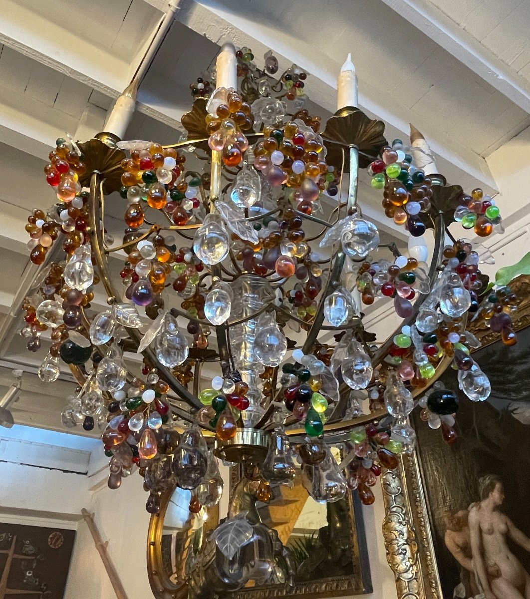 Lustre Cage En Laiton Et Riche Ornementation De Verre Moulé, H.110 cm. -photo-4
