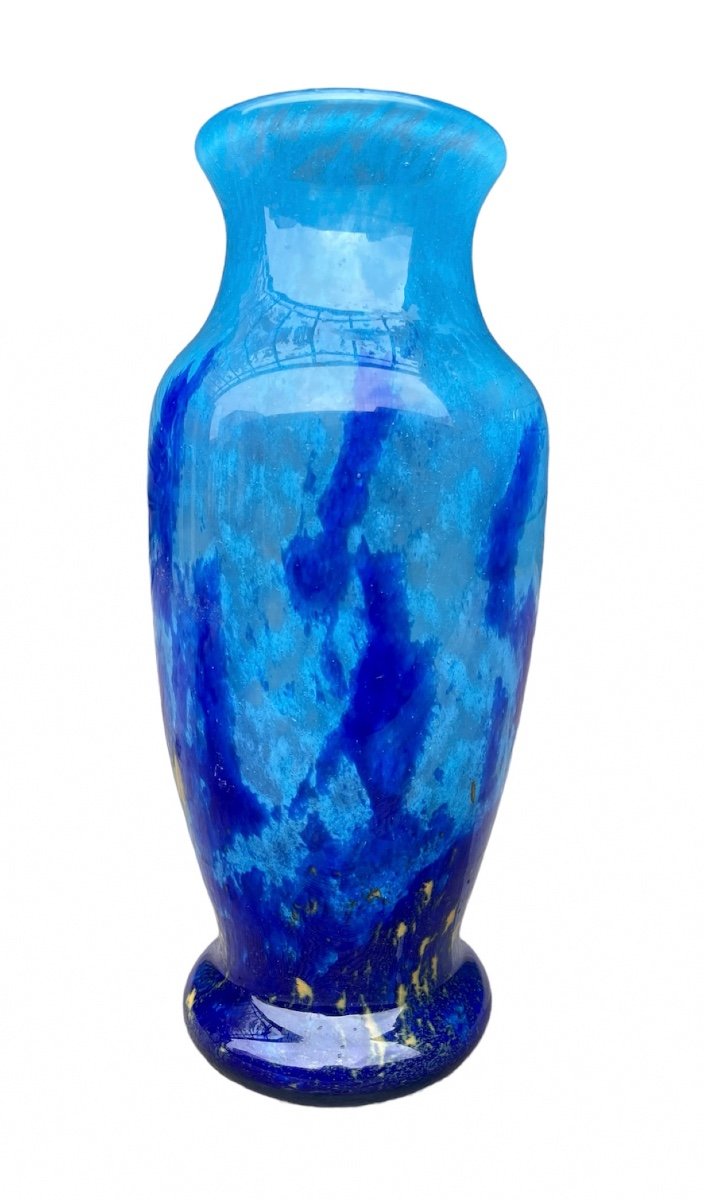 Daum In Nancy - Baluster Vase In Navy Blue, Sky Blue And Yellow Marmorean Glass.-photo-1