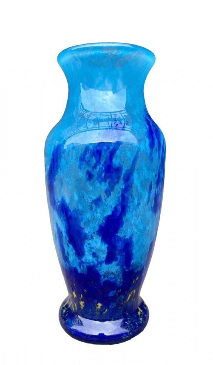 Daum In Nancy - Baluster Vase In Navy Blue, Sky Blue And Yellow Marmorean Glass.-photo-2
