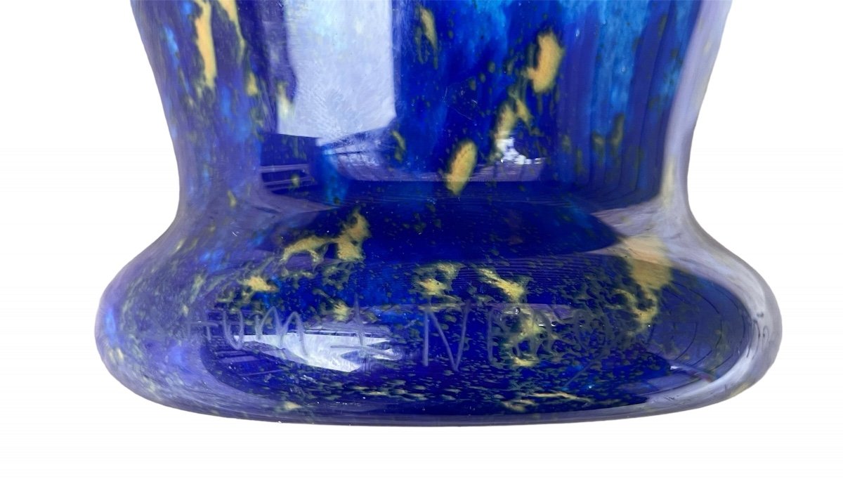 Daum In Nancy - Baluster Vase In Navy Blue, Sky Blue And Yellow Marmorean Glass.-photo-5