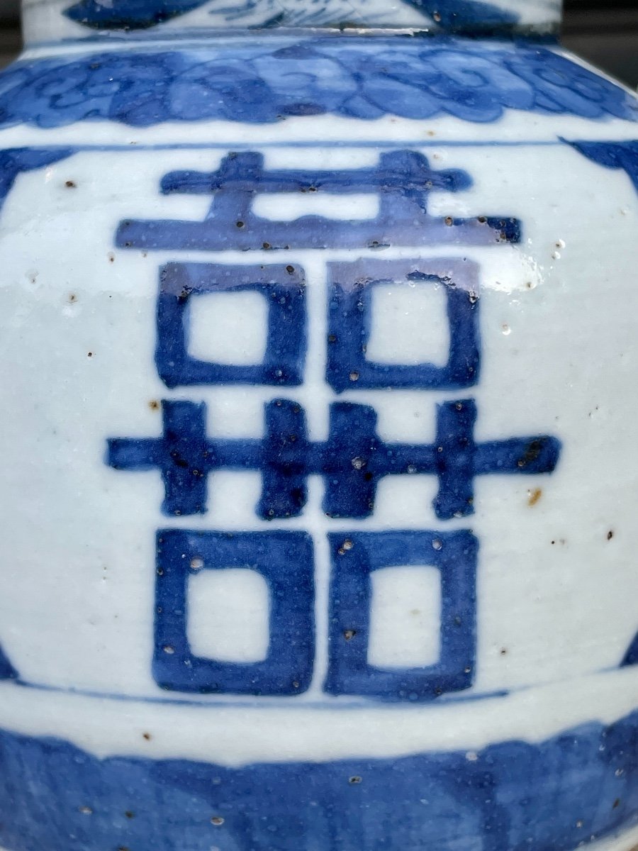 Chine - Théière En Porcelaine Ornée En Bleu De Cobalt Du Sinogramme Shuangxi, Le Double Bonheur-photo-4