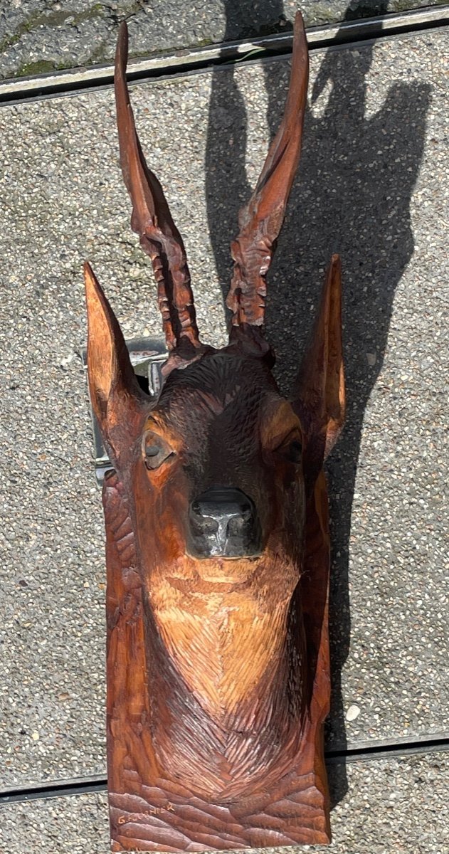 Montagne/forêt Noire - Georges Fournier à Chamonix, Tête De Chevreuil, Bois Monoxyde - H 54 Cm-photo-1