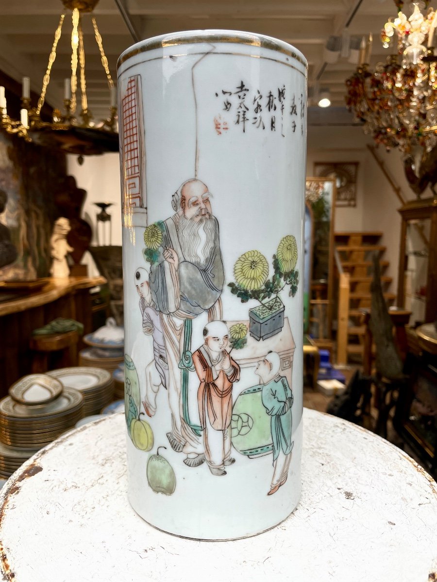 Chine - Vase Rouleau En Porcelaine Ornée En émaux Polychromes, XIXe Siècle - Haut. : 28 Cm-photo-2