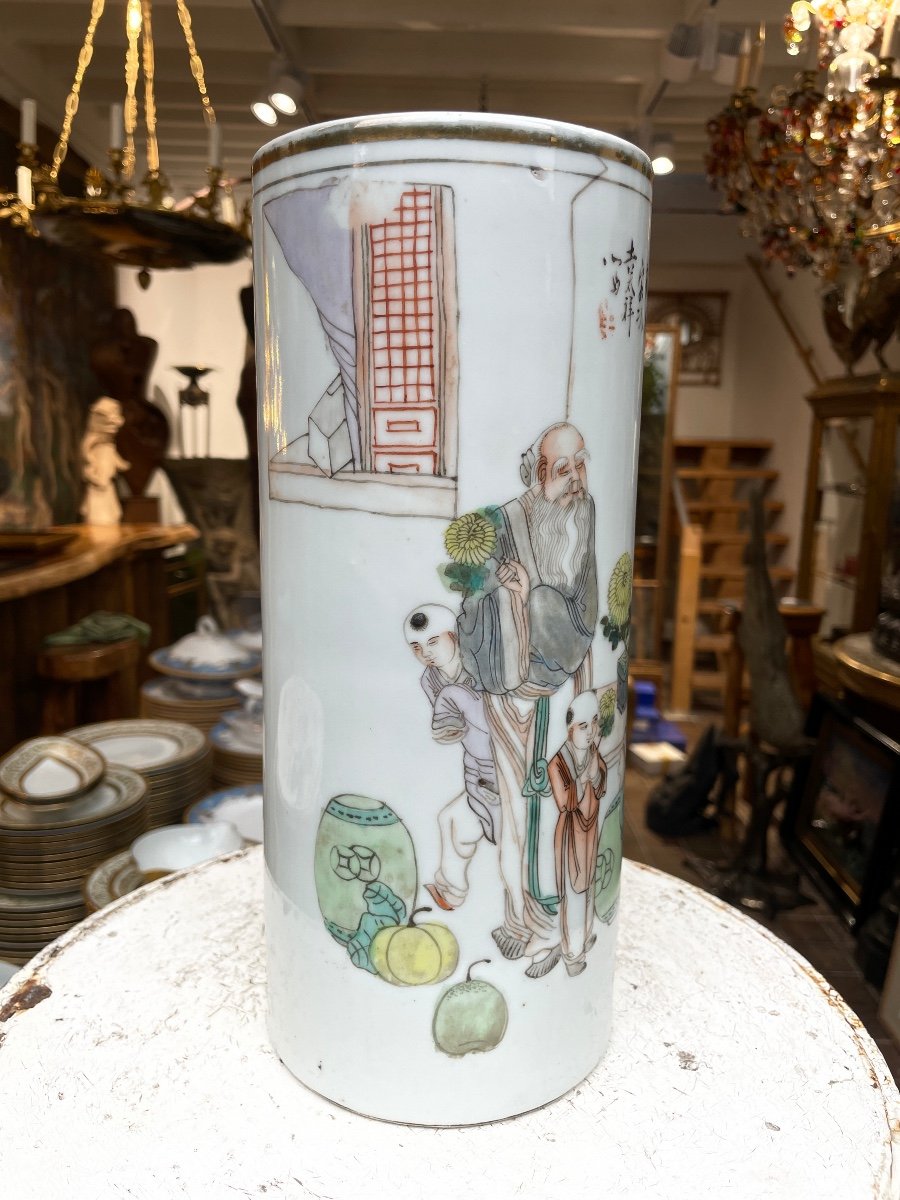 Chine - Vase Rouleau En Porcelaine Ornée En émaux Polychromes, XIXe Siècle - Haut. : 28 Cm-photo-3
