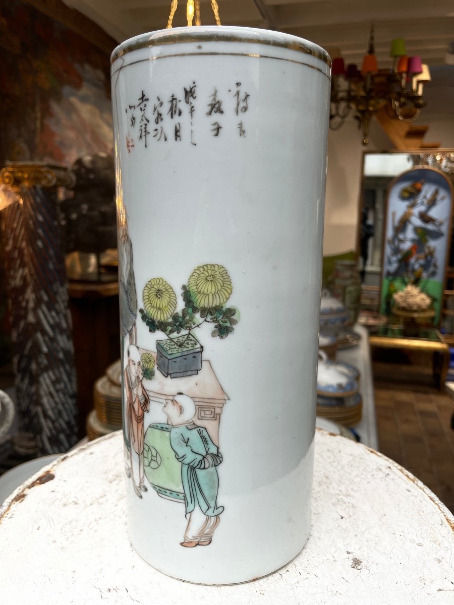 Chine - Vase Rouleau En Porcelaine Ornée En émaux Polychromes, XIXe Siècle - Haut. : 28 Cm-photo-2