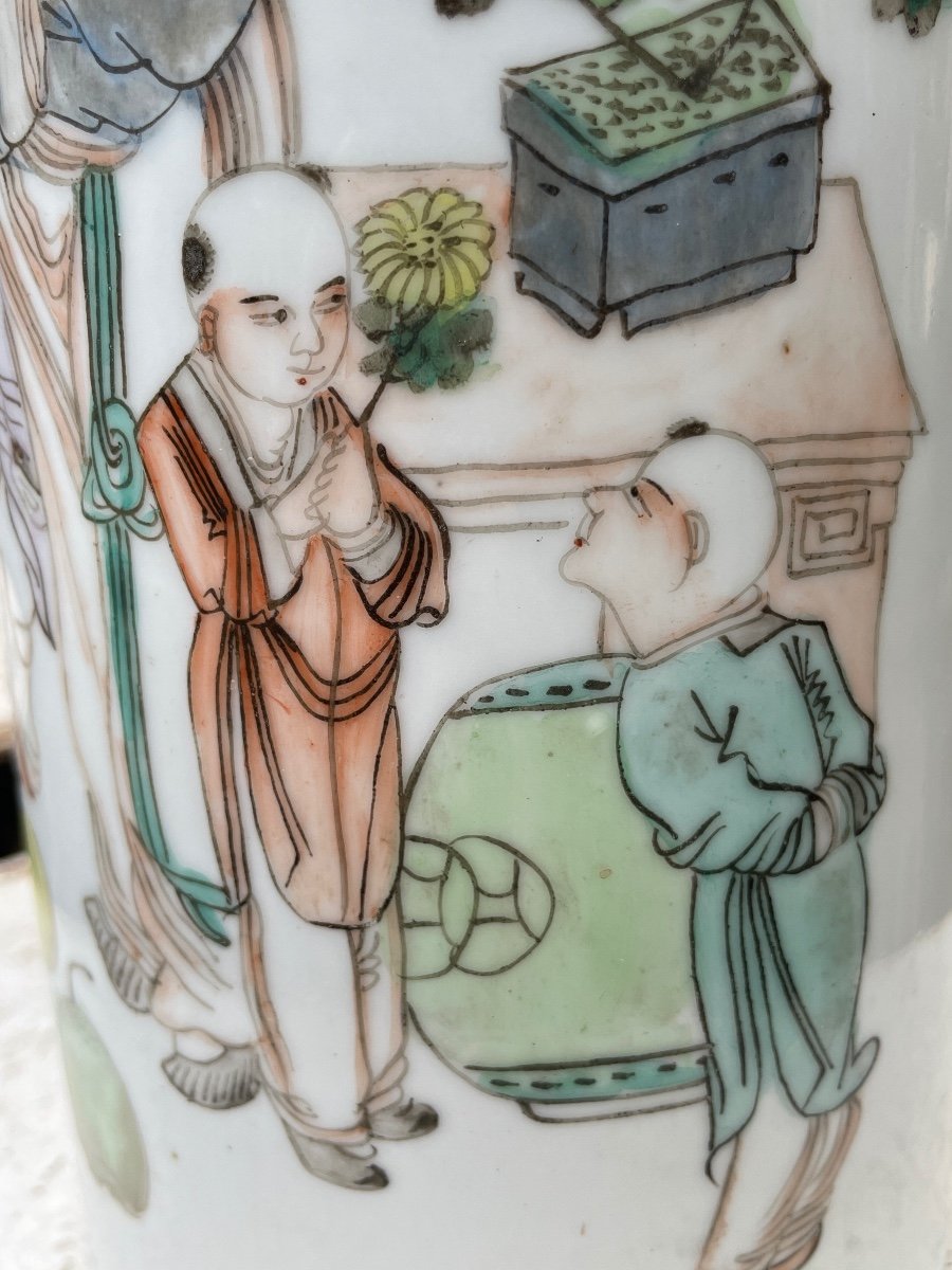 Chine - Vase Rouleau En Porcelaine Ornée En émaux Polychromes, XIXe Siècle - Haut. : 28 Cm-photo-4