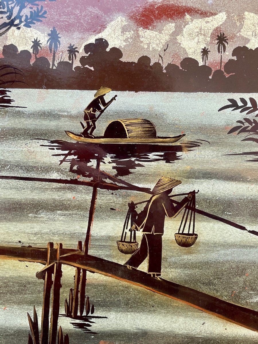 Phat Anh (20th Century), Lake Landscape, Lacquer On Panel. Height: 90 Cm. -photo-2