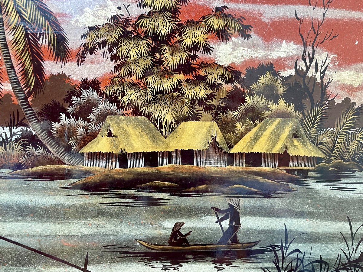 Phat Anh (20th Century), Lake Landscape, Lacquer On Panel. Height: 90 Cm. -photo-3