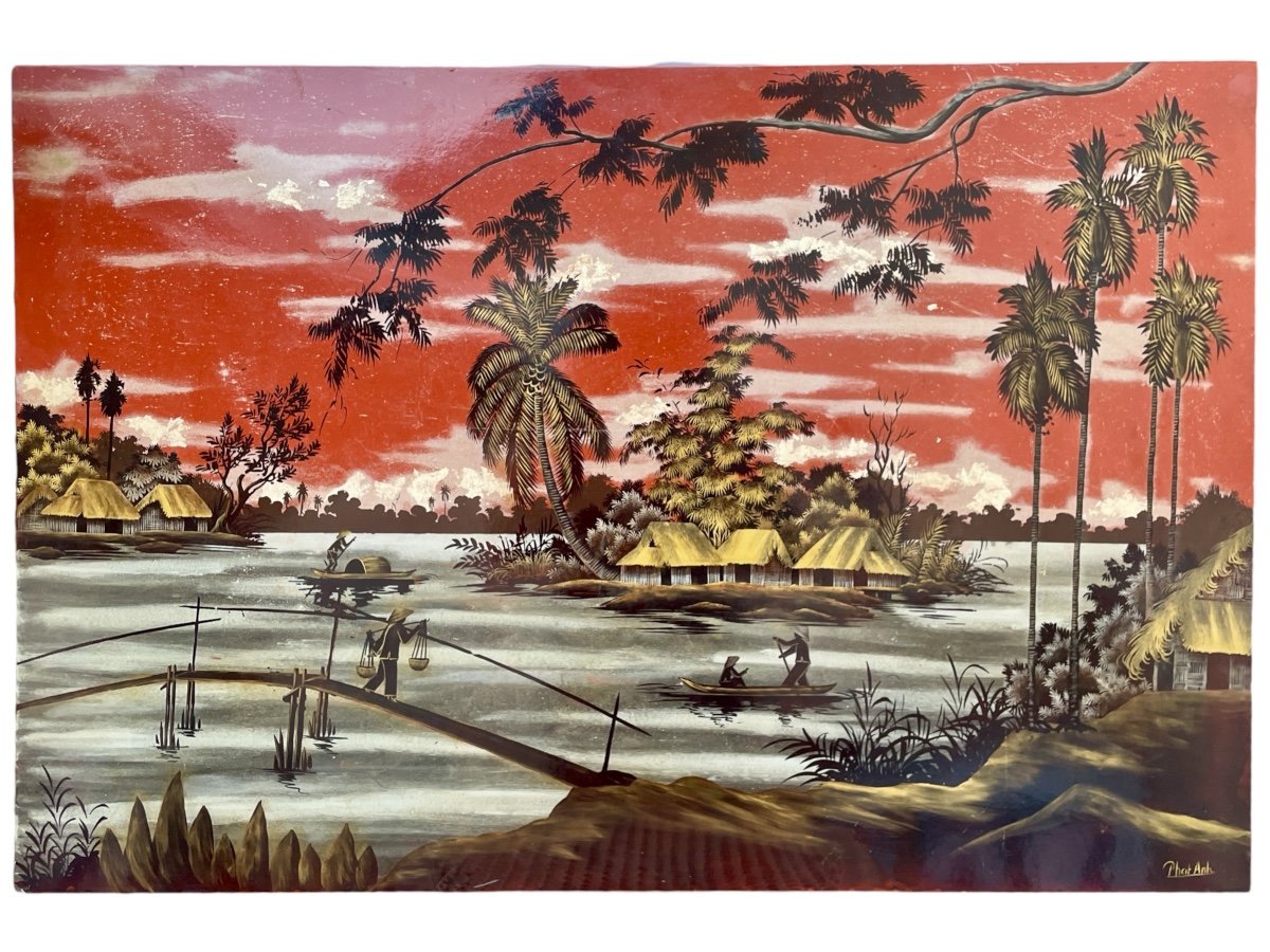 Phat Anh (20th Century), Lake Landscape, Lacquer On Panel. Height: 90 Cm. -photo-4