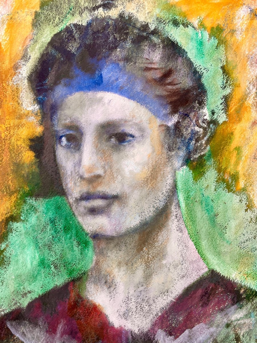 Gaspare Da Brescia (1955), Portrait De Jeune Homme à La Coiffe, Technique Mixte Sur Papier.-photo-2
