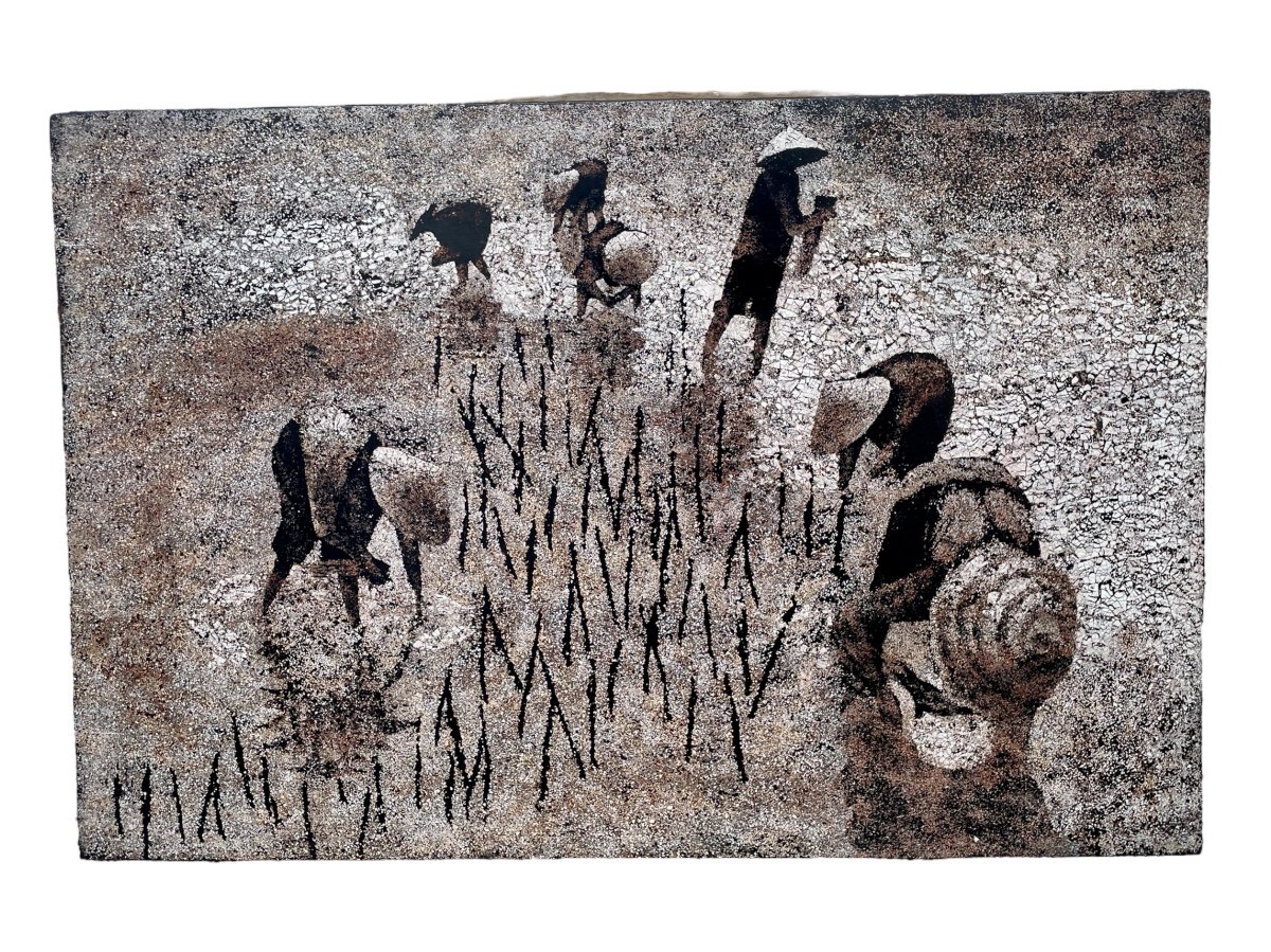 Vietnam (20th Century) - Eggshell Panel, Planting Rice. -photo-2