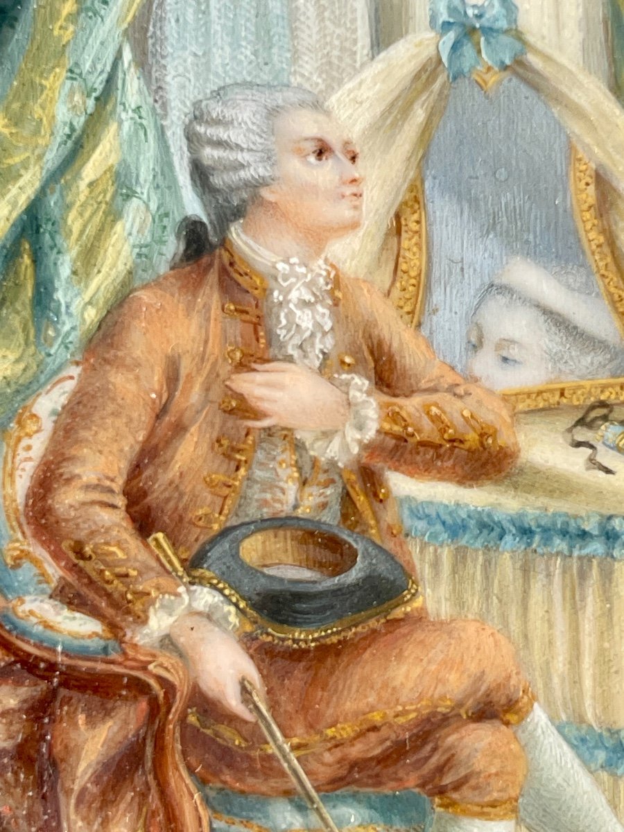 Nicolas Lavreince (1737-1807) - Circular Miniature On Ivory, The Visit - Diam: 7.5 Cm. -photo-3