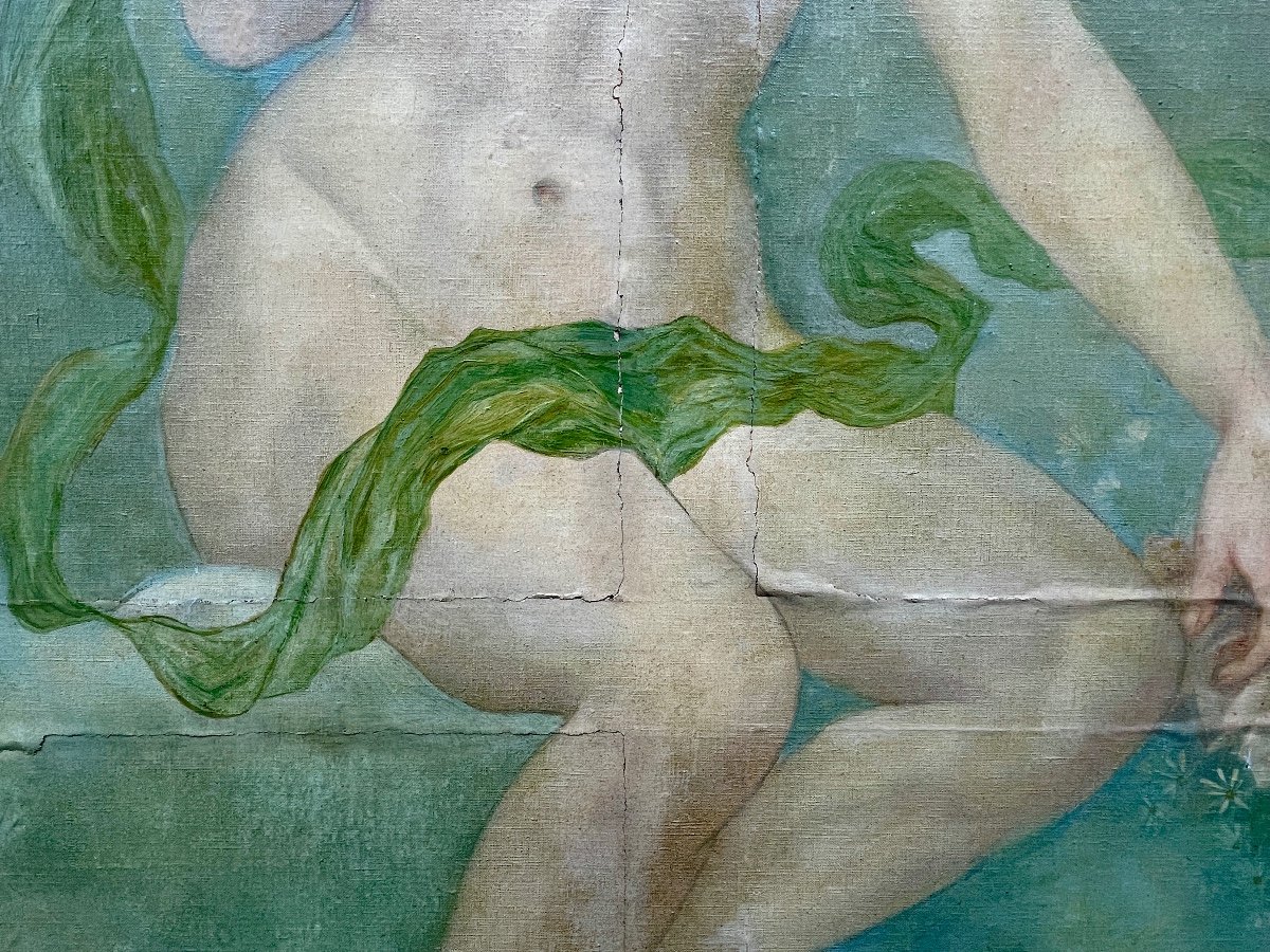École Française Des Années 1920 - Nymphe - Huile Sur Toile - Haut. : 143 Cm. -photo-3