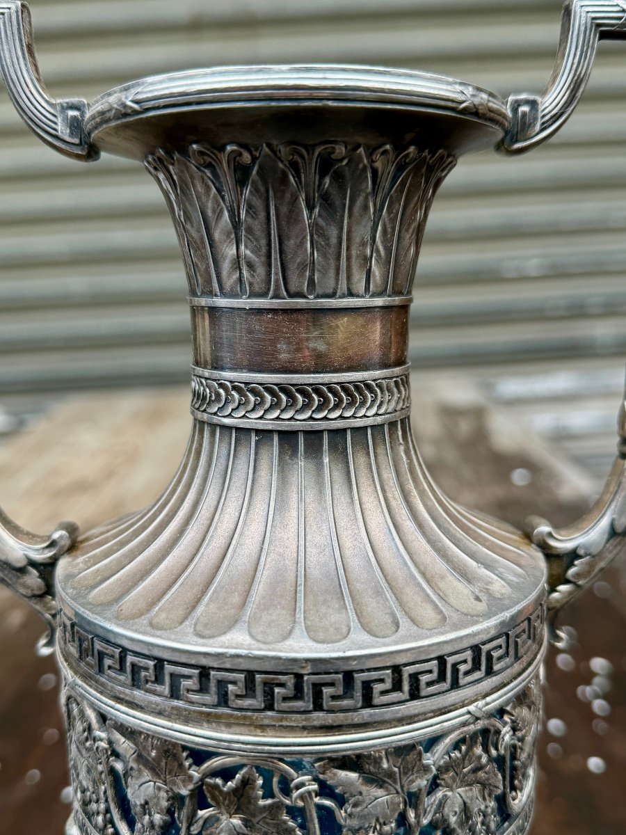 Pair Of Decorative Vases In Silver Metal And Blue Glass - Napoleon III Period - Height: 40 Cm.-photo-4