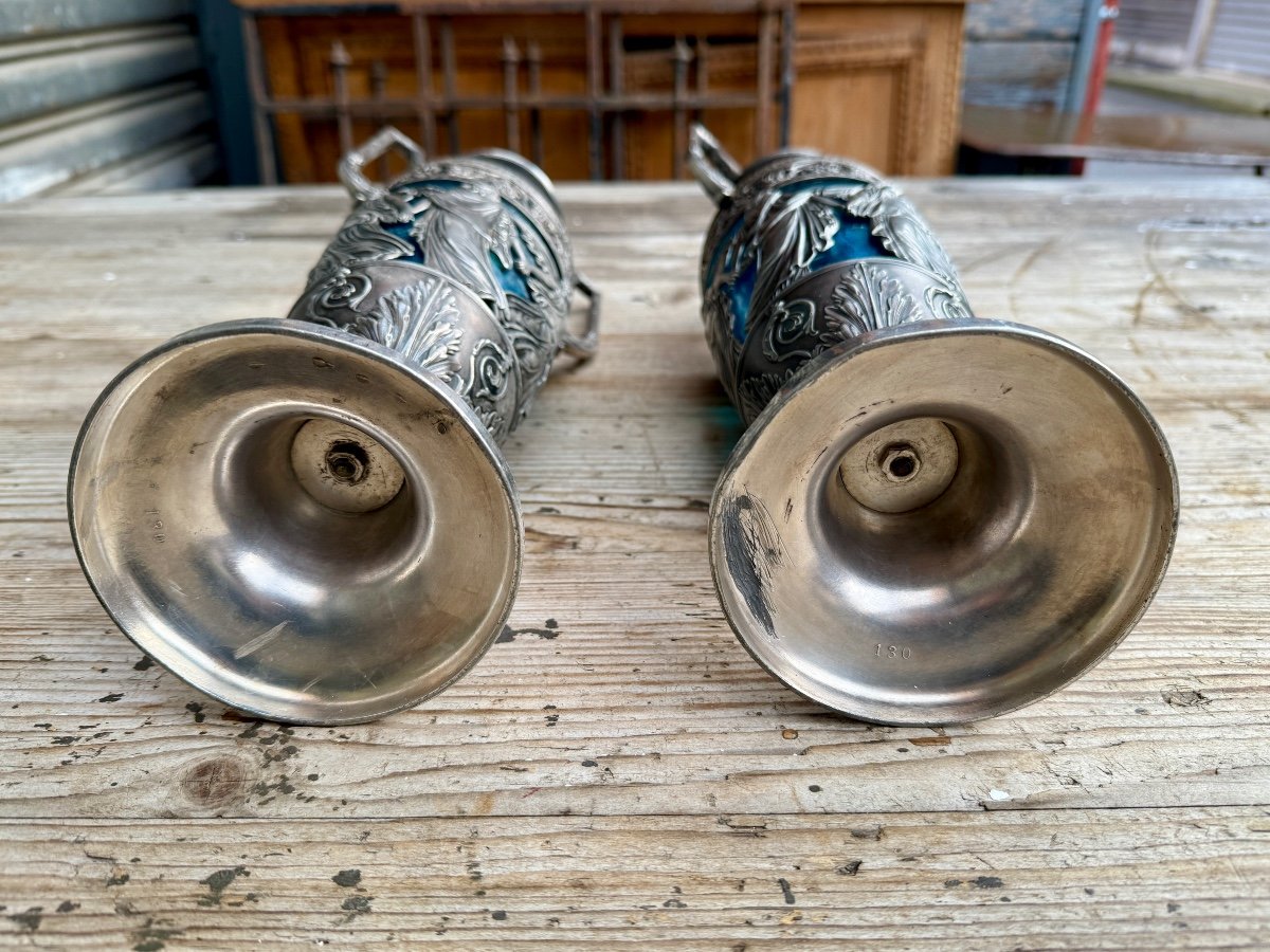 Pair Of Decorative Vases In Silver Metal And Blue Glass - Napoleon III Period - Height: 40 Cm.-photo-7
