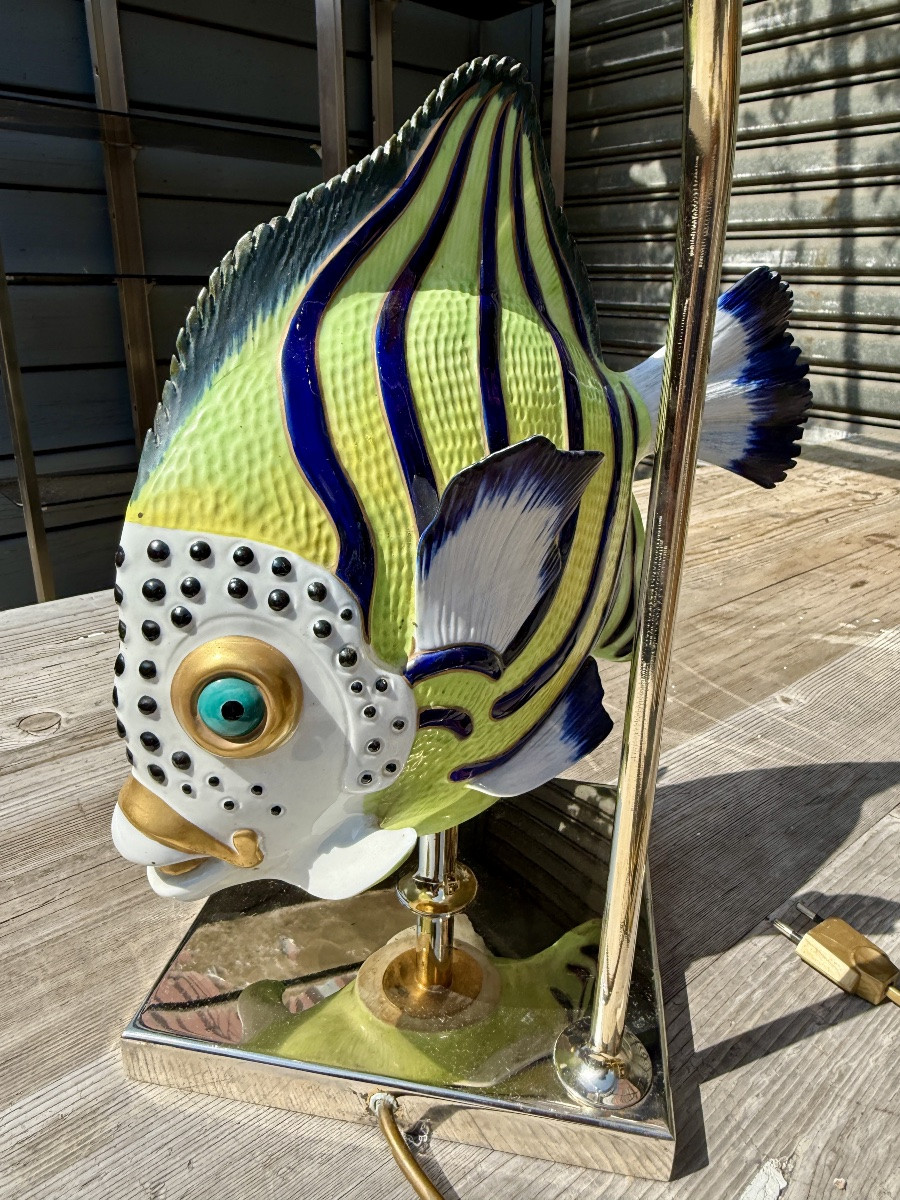 Mangami - Tropical Fish Lamp In Porcelain And Gold Metal - Height 72 Cm. -photo-2