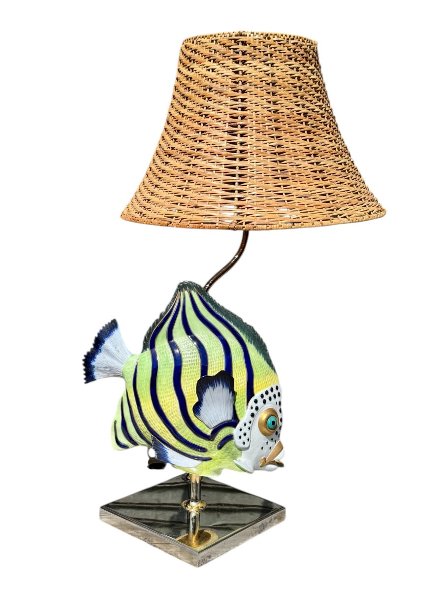 Mangami - Tropical Fish Lamp In Porcelain And Gold Metal - Height 72 Cm. 