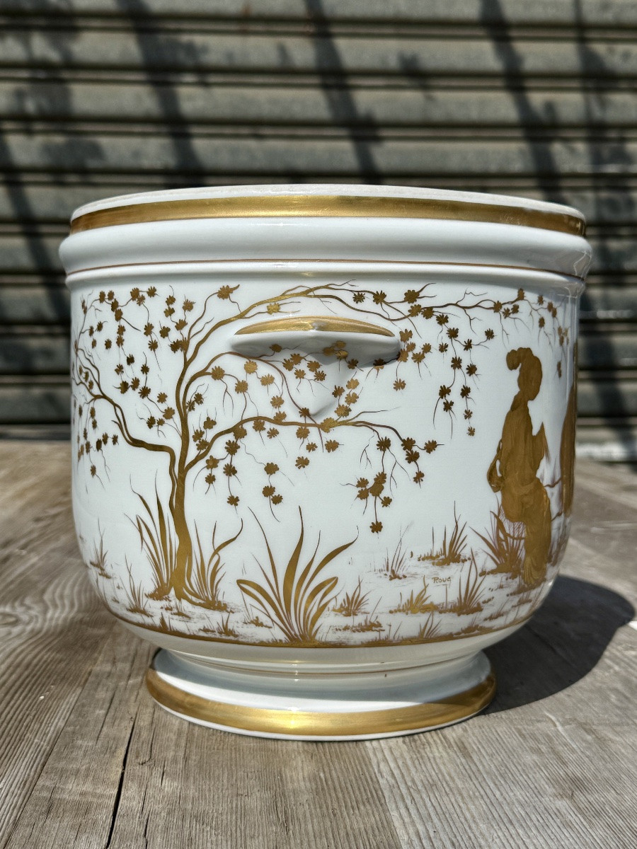Le Tallec (1906-1991) - Gilded Porcelain Flowerpot, Chinese Decoration - Height 22 Cm. -photo-4