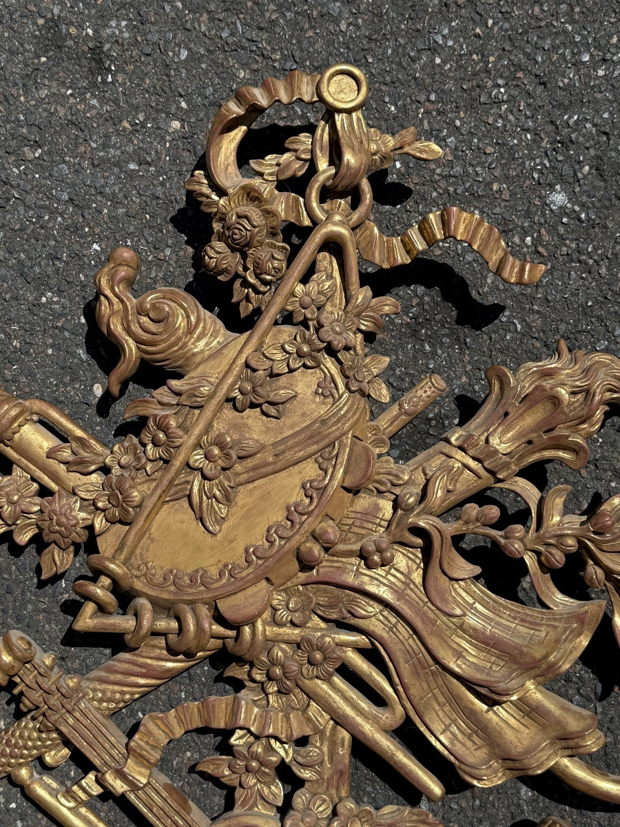 Two Important Musical And Hunting Trophies In Gilded Wood, Louis XVI Style - Height 97 Cm. -photo-3
