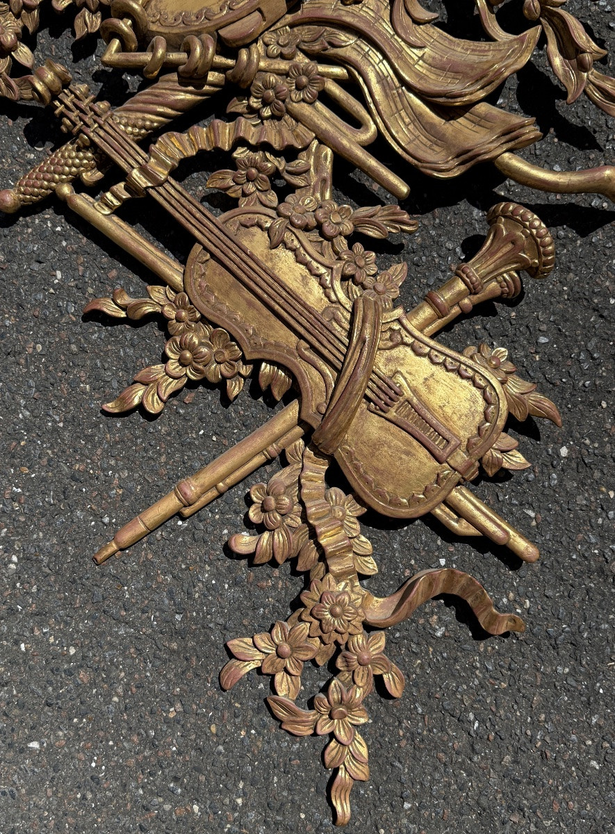 Two Important Musical And Hunting Trophies In Gilded Wood, Louis XVI Style - Height 97 Cm. -photo-5