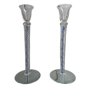 Pair Of Spun Glass Candlesticks.