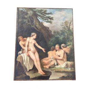 École française ou allemande du XVIIIe siècle - Huile sur toile - Femmes au bain.