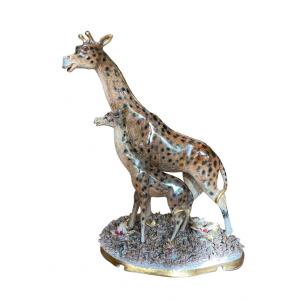Mica (manifattura Italiana Ceramica Artistica) - Girafe Et Girafon En Faïence Lustrée. 