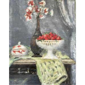 Henry Déziré - Nature Morte à La Corbeille De Fraises. 