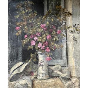 Henry Déziré - Nature Morte Au Vase De Roses Et Au Chapeau. 