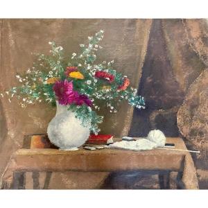 Henry Déziré - Still Life With Vase Of Flowers And Knitting.