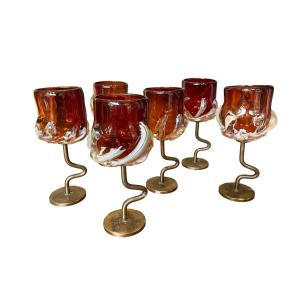 Fabienne Picaud (1959) - Suite Of Six Glass And Bronze Stemware, 1994.