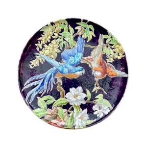 émile Belet Pour Sèvres - Important Parrot Dish - D. 58 Cm.