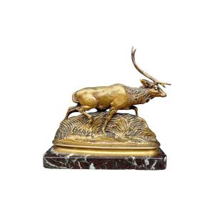 Antoine- Louis Barye And Ferdinand Barbedienne - Deer From Java, Gilt Bronze On Marble Base.