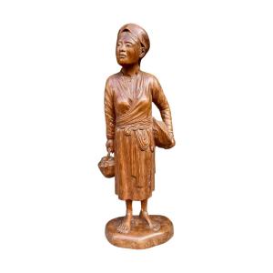 Indochina - Statuette Of Young Peasant Girl, Early 20th Century.