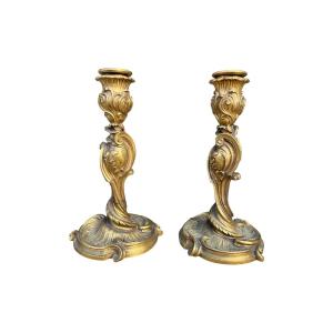 Ferdinand Barbedienne - Pair Of Rocaille Candlesticks In Gilt Bronze.