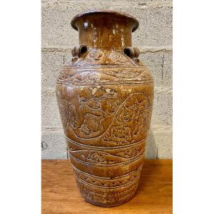 China - Important Martaban Jar In Stoneware With Brown Glaze - H. 62 Cm.